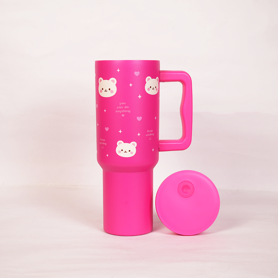 Hot Pink Happy Bear Insulated Tumbler with Handle