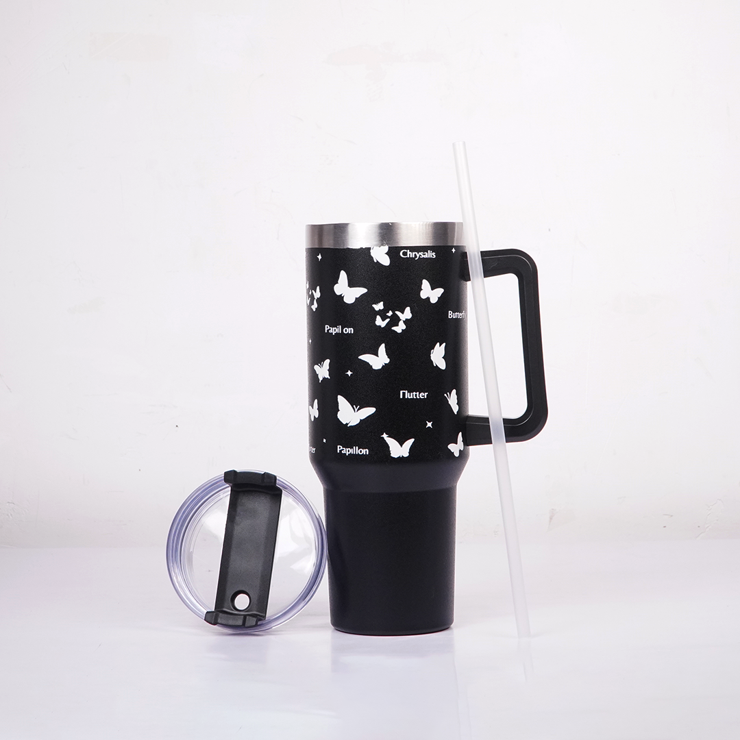 Black Butterfly Print Tumbler with Straw & Handle – Insulated Travel Coffee Cup