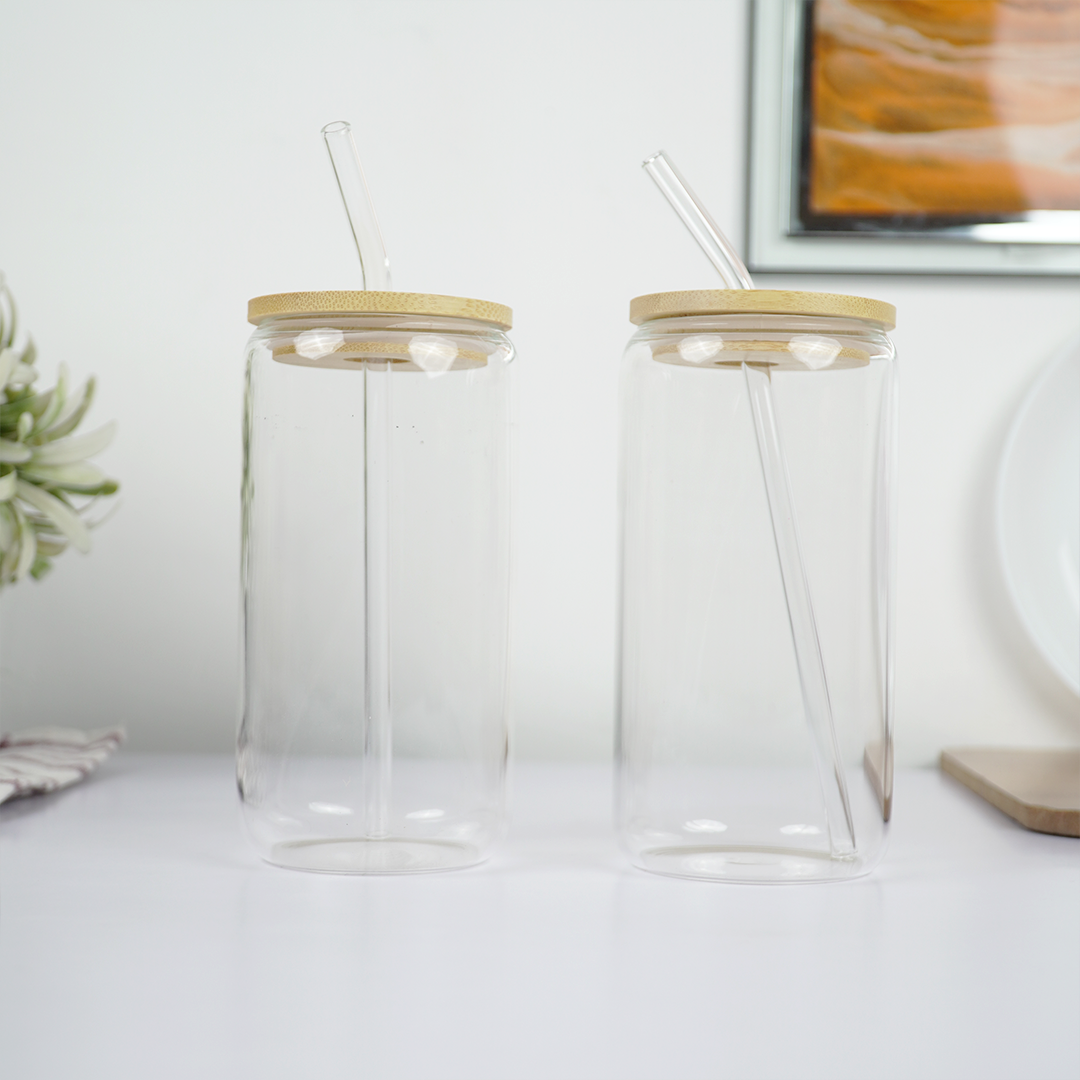 Clear Glass Tumbler with Bamboo Lid & Reusable Glass Straw