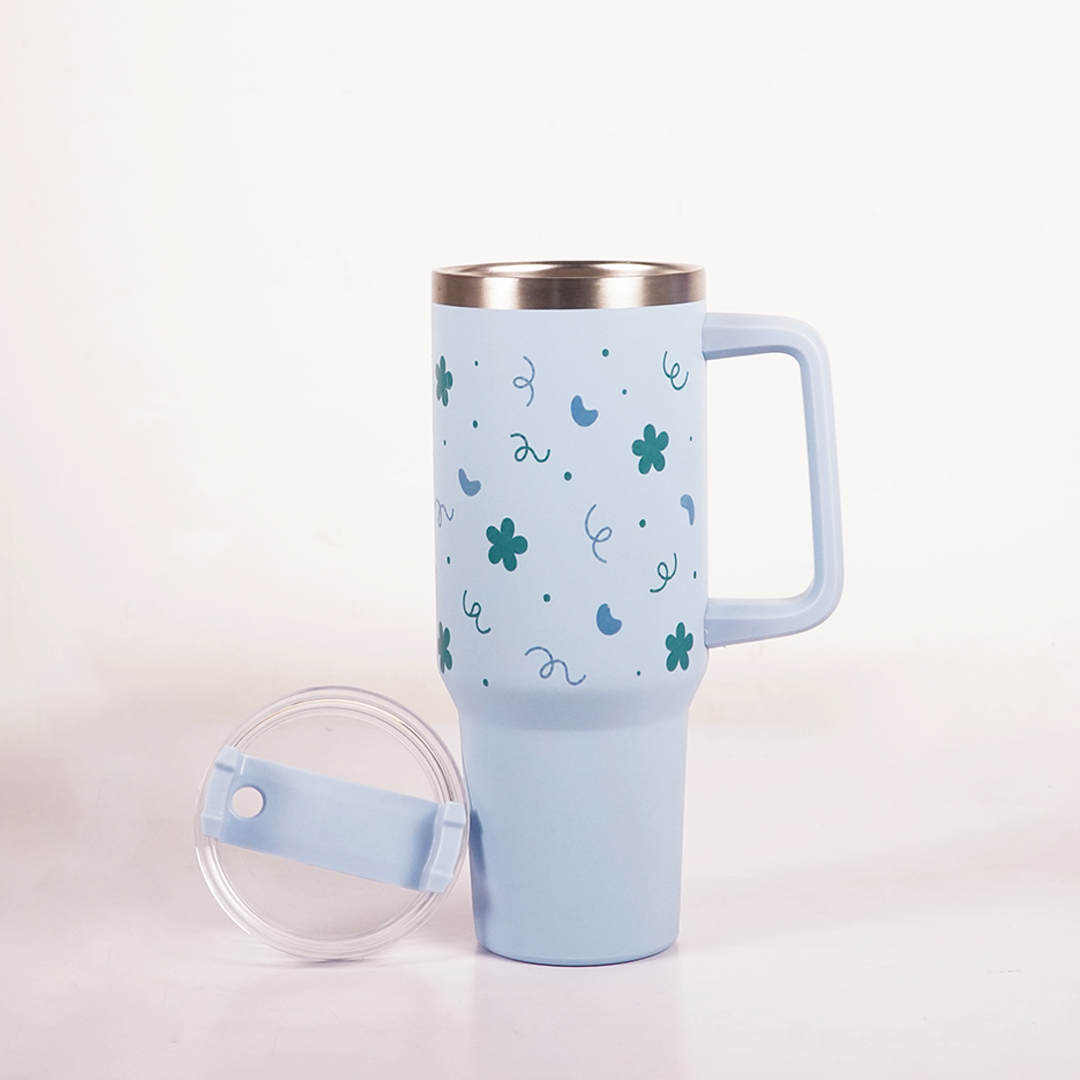 Blue Floral & Heart Print Tumbler – Insulated Travel Tumbler with Handle & Straw