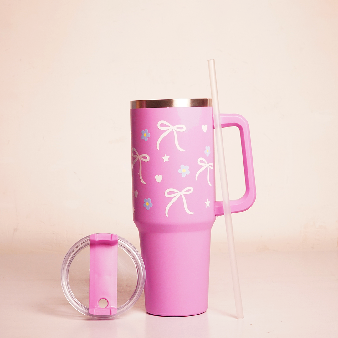 Bow & Floral Print Tumbler with Handle & Straw | Reusable Travel Water Cup | Stylish Drinkware