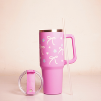 Bow & Floral Print Tumbler with Handle & Straw | Reusable Travel Water Cup | Stylish Drinkware