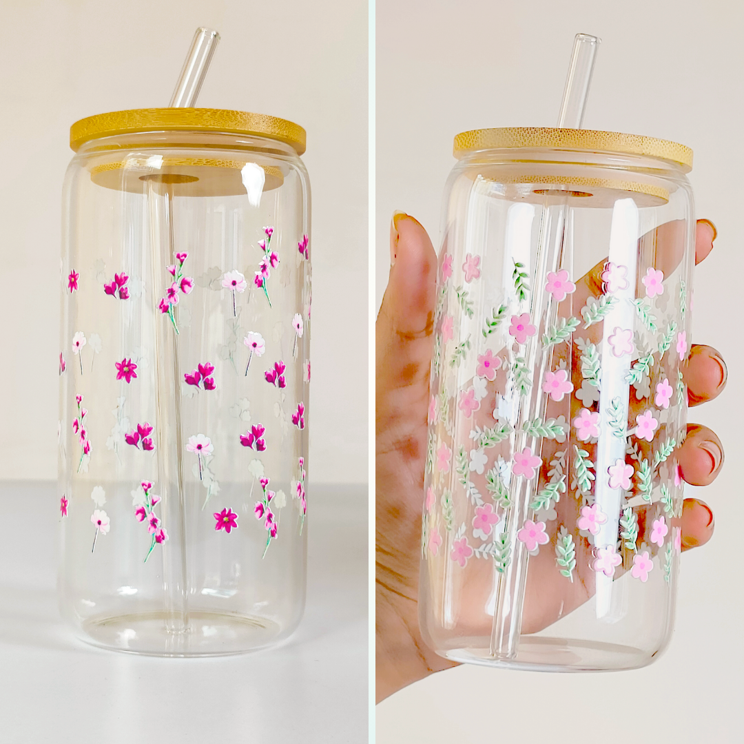 Elegant Floral Glass Tumblers with Bamboo Lid & Straw – Combo of 2 (Pink Flower & Pastel Bloom Design)