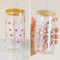 Elegant Floral Glass Tumblers with Bamboo Lid & Straw – Combo of 2 (Pink Flower & Pastel Bloom Design)