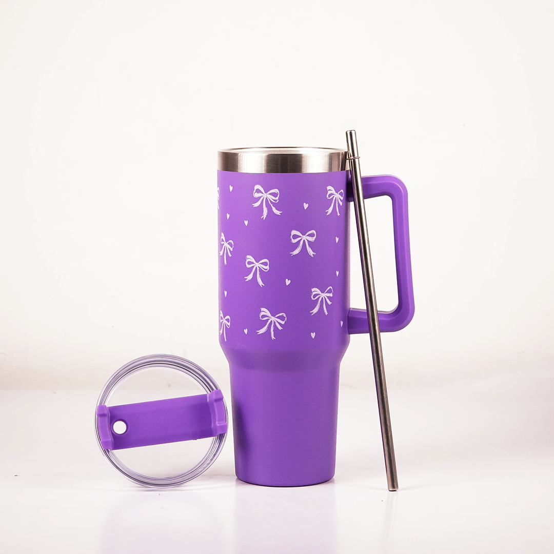 Purple Bow Print Tumbler – Insulated Travel Tumbler with Handle & Straw