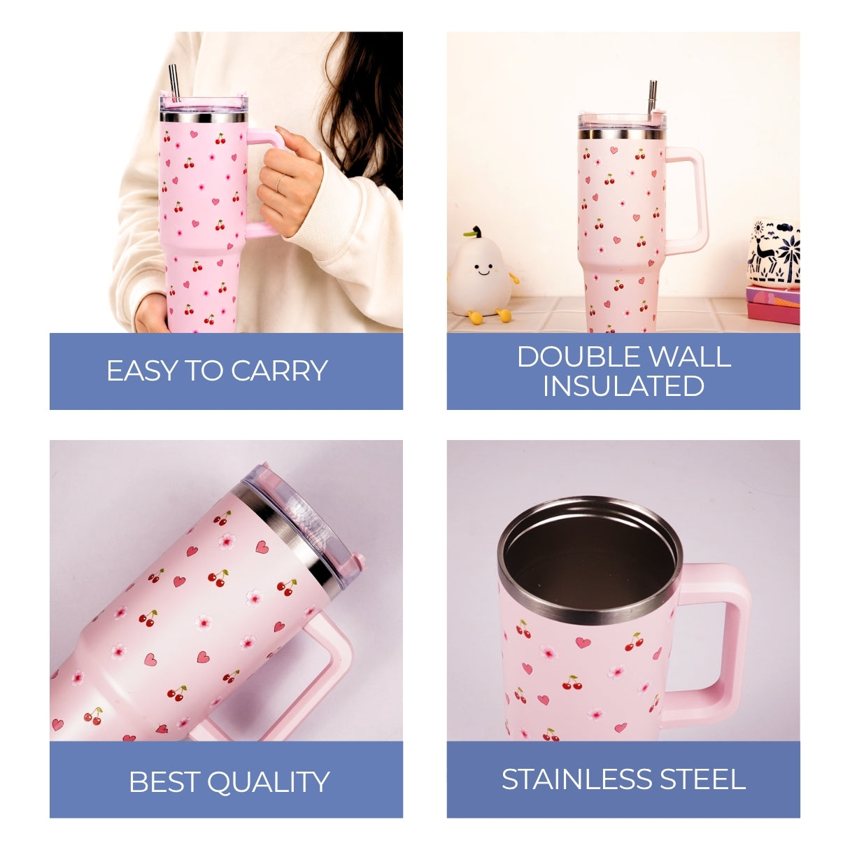 Pink Cherry & Floral Print Tumbler – Insulated Travel Tumbler with Handle & Straw