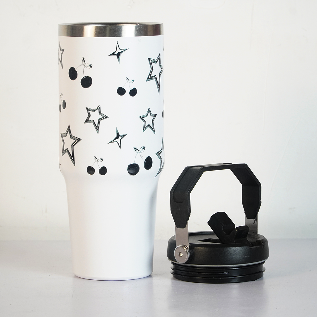 Star & Cherry Stainless Steel Tumbler with Handle | 1L Insulated Travel Mug