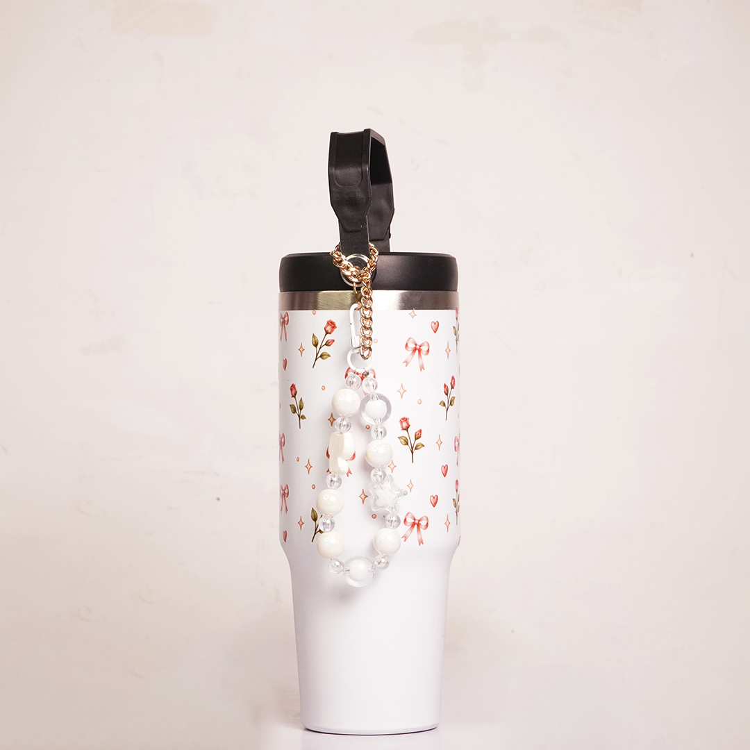 Floral Rose Print Tumbler with Handle & Straw | Reusable Travel Cup | Stylish Drinkware