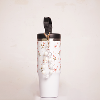 Floral Rose Print Tumbler with Handle & Straw | Reusable Travel Cup | Stylish Drinkware