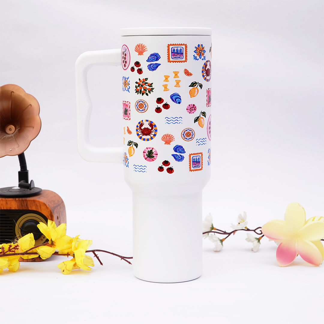 Mediterranean Print Stainless Steel Travel Tumbler with Handle & Leakproof Lid | Double Wall Vacuum Insulated Coffee Mug