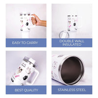 White Cat Print Tumbler with Straw & Handle – Cute Aesthetic Travel Coffee Cup