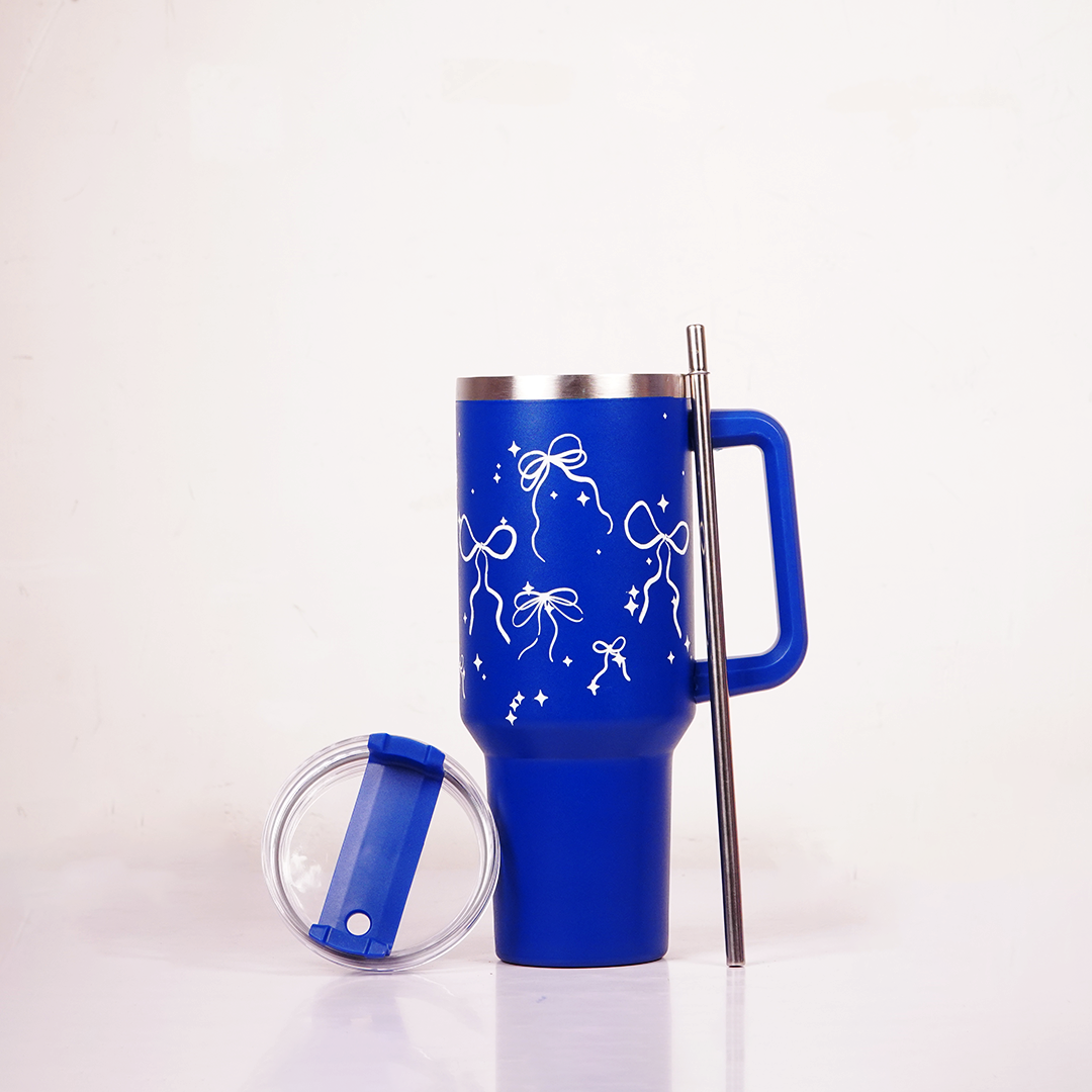 Royal Blue Bow Tumbler with Straw & Handle – Elegant Ribbon & Sparkle Print Travel Tumbler