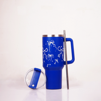 Royal Blue Bow Tumbler with Straw & Handle – Elegant Ribbon & Sparkle Print Travel Tumbler