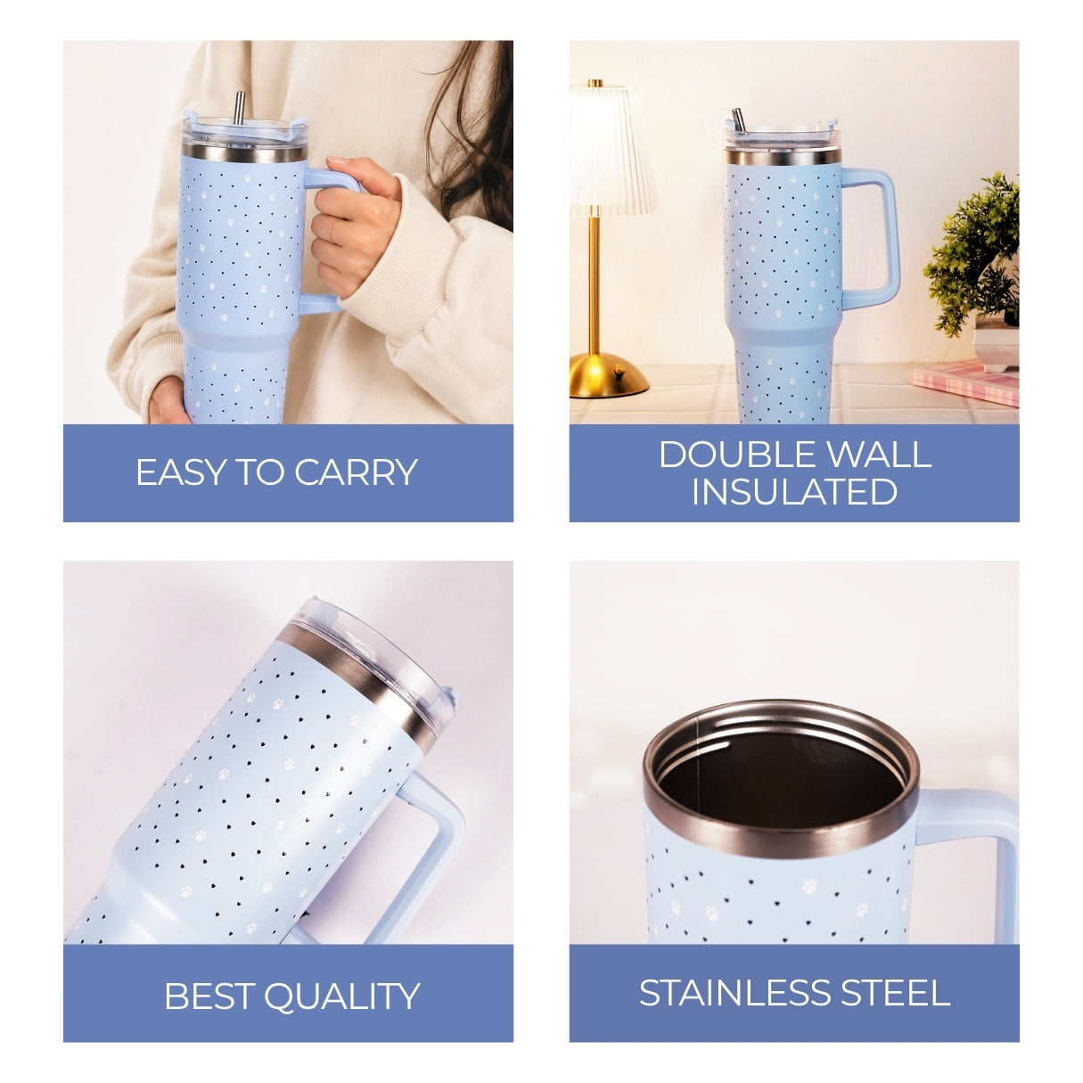 Blue Paw & Heart Print Tumbler – Insulated Travel Tumbler with Handle & Straw
