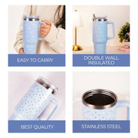 Blue Paw & Heart Print Tumbler – Insulated Travel Tumbler with Handle & Straw