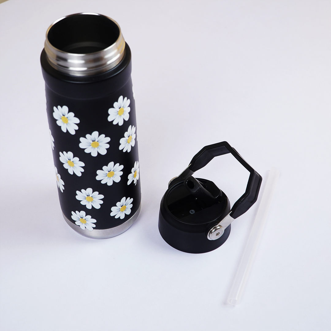 Daisy Print Black Stainless Steel Water Bottle