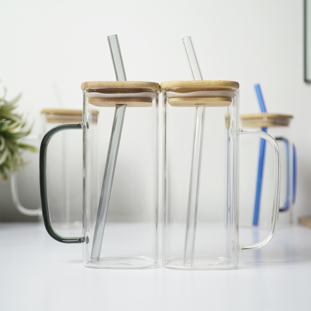 Glass Mug with Bamboo Lid & Reusable Straw | Clear Drinking Glass with Handle for Coffee