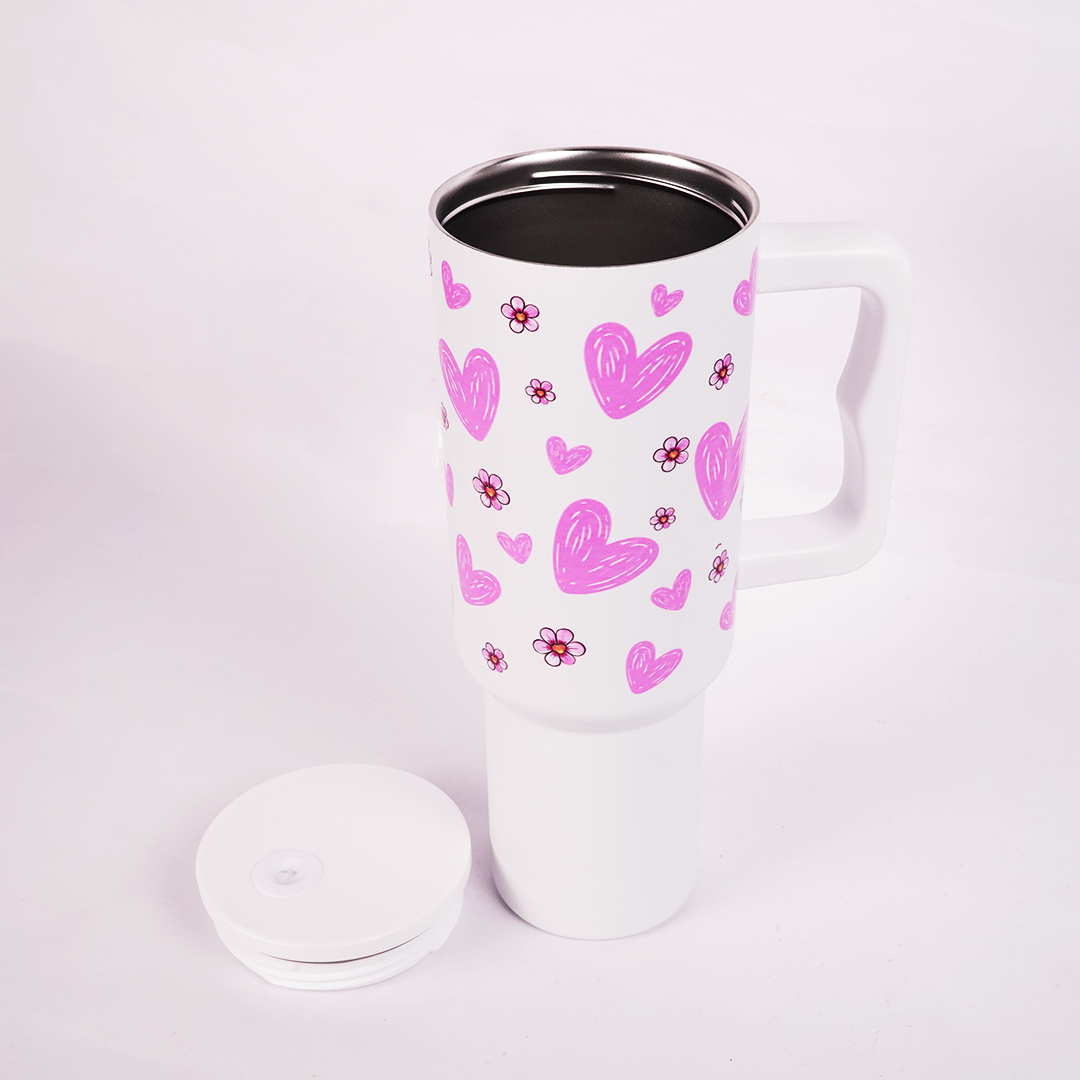 Pink Floral Heart Print White  Travel Tumbler with Handle & Straw