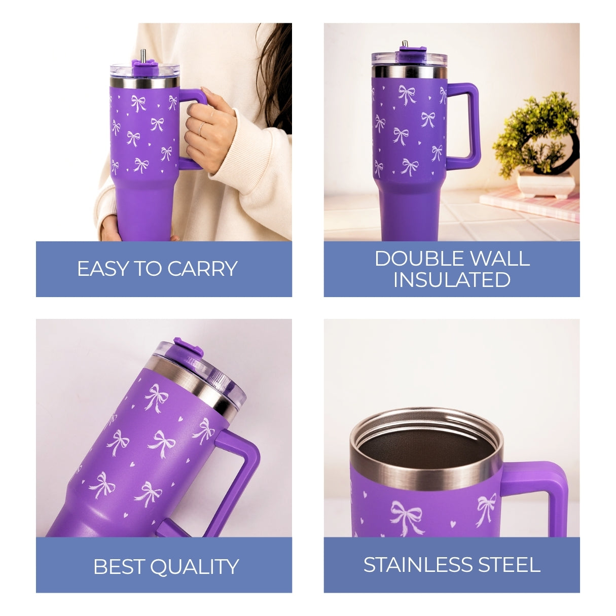 Purple Bow Print Tumbler – Insulated Travel Tumbler with Handle & Straw