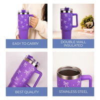 Purple Bow Print Tumbler – Insulated Travel Tumbler with Handle & Straw