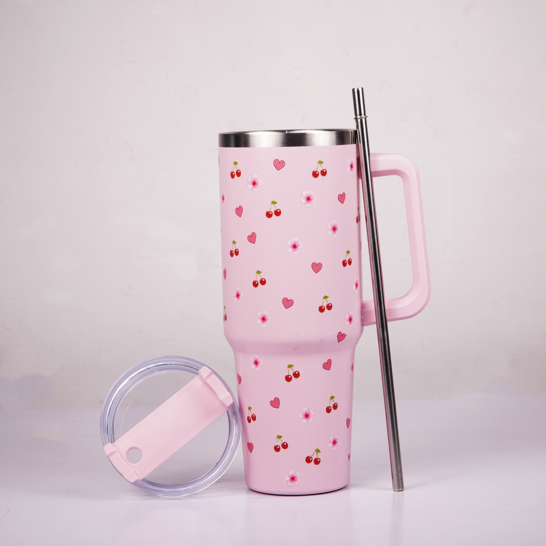 Pink Cherry & Floral Print Tumbler – Insulated Travel Tumbler with Handle & Straw