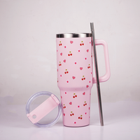 Pink Cherry & Floral Print Tumbler – Insulated Travel Tumbler with Handle & Straw