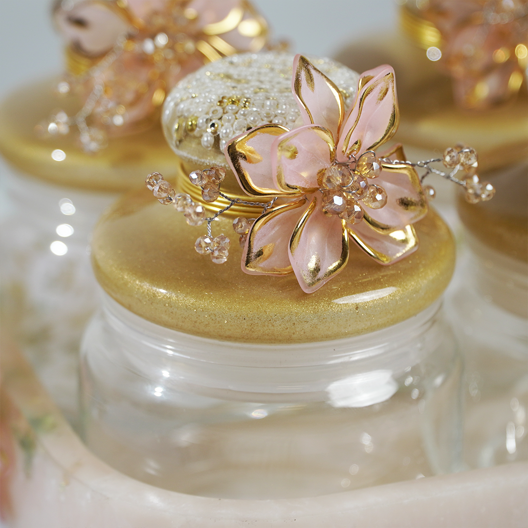 Set-4 Luxury Decorative Storage Jars Set with Pearl & Floral Lid