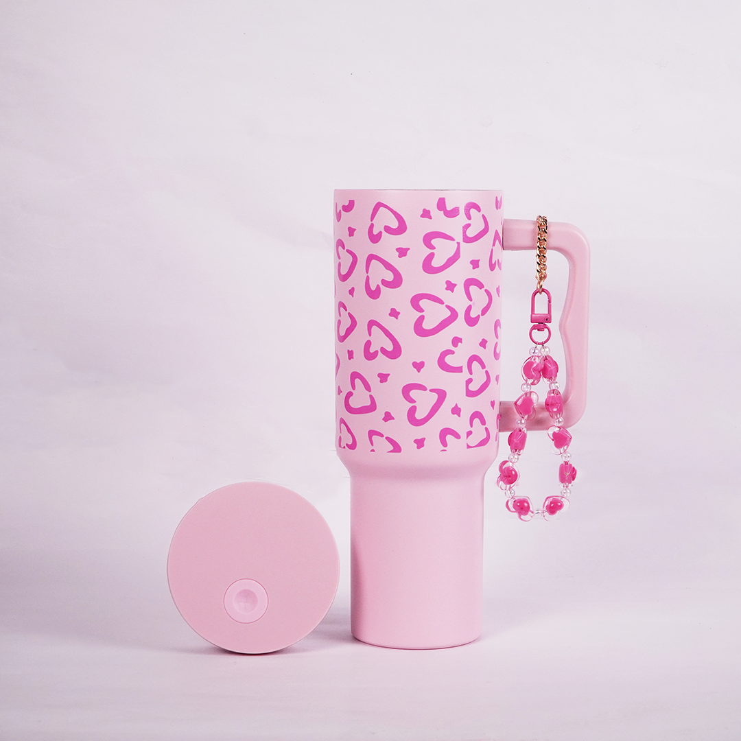Soft Pink  Heart Leopard Print Travel Tumbler with Handle & Straw