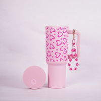 Soft Pink  Heart Leopard Print Travel Tumbler with Handle & Straw