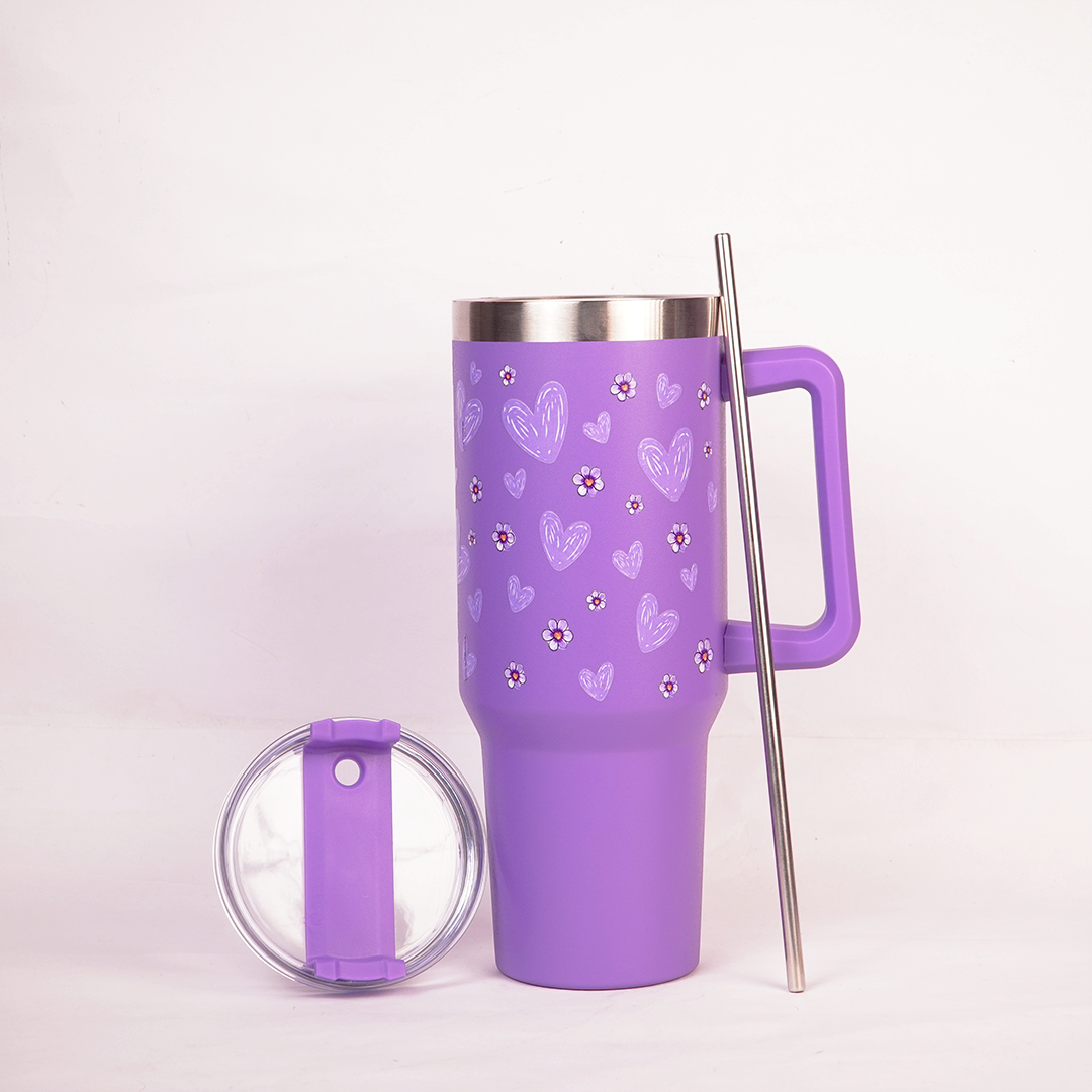 Purple Floral Tumbler with Handle & Straw – Cute Reusable Travel Cup for Everyday Drinks