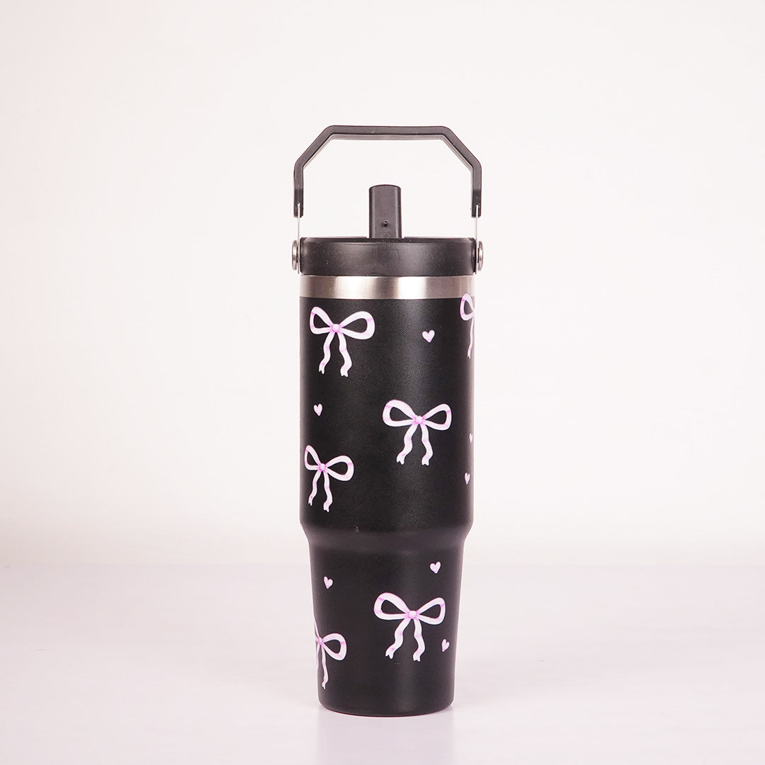 Bow Print Tumbler with Handle & Charm | Reusable Travel Cup | Cute Everyday Drinkware