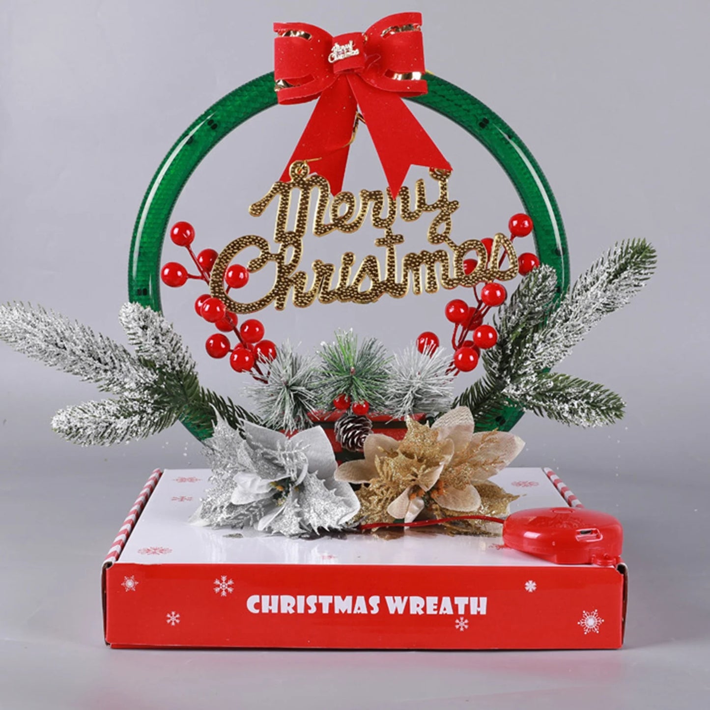 LED Christmas Wreath with Flowers & Red Bow – 30cm Festive “Merry Christmas” Hanging Decoration