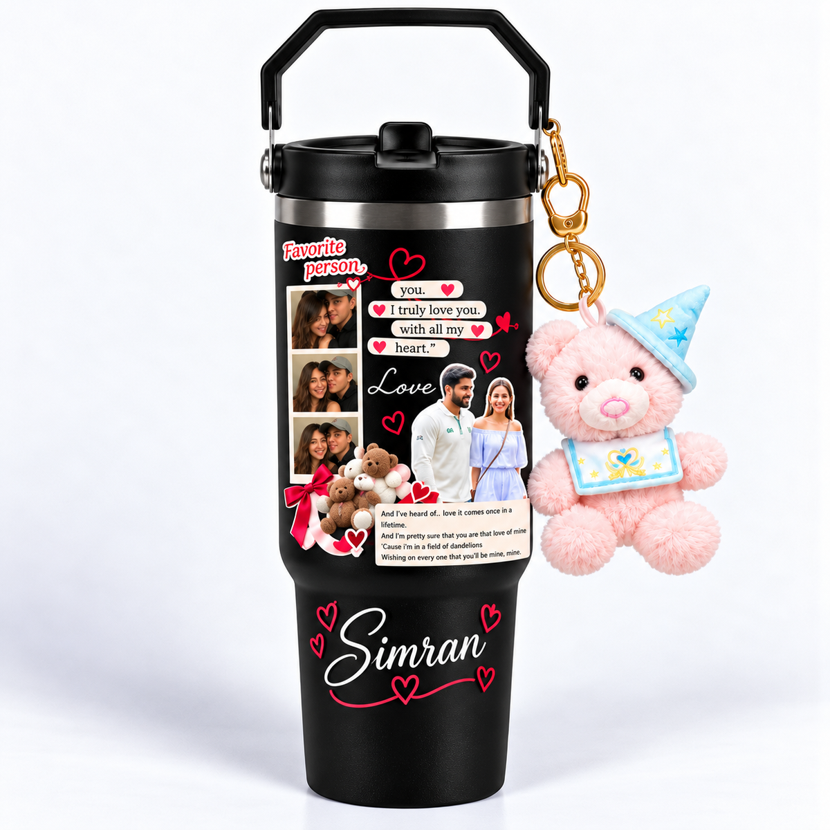 Personalised Photo Collage Tumbler with Handle, Love Message & Decorative Charms