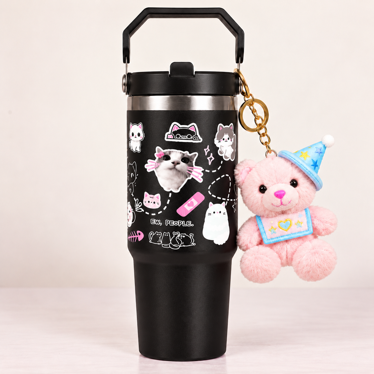 Cute Cat Insulated Tumbler with Handle Black