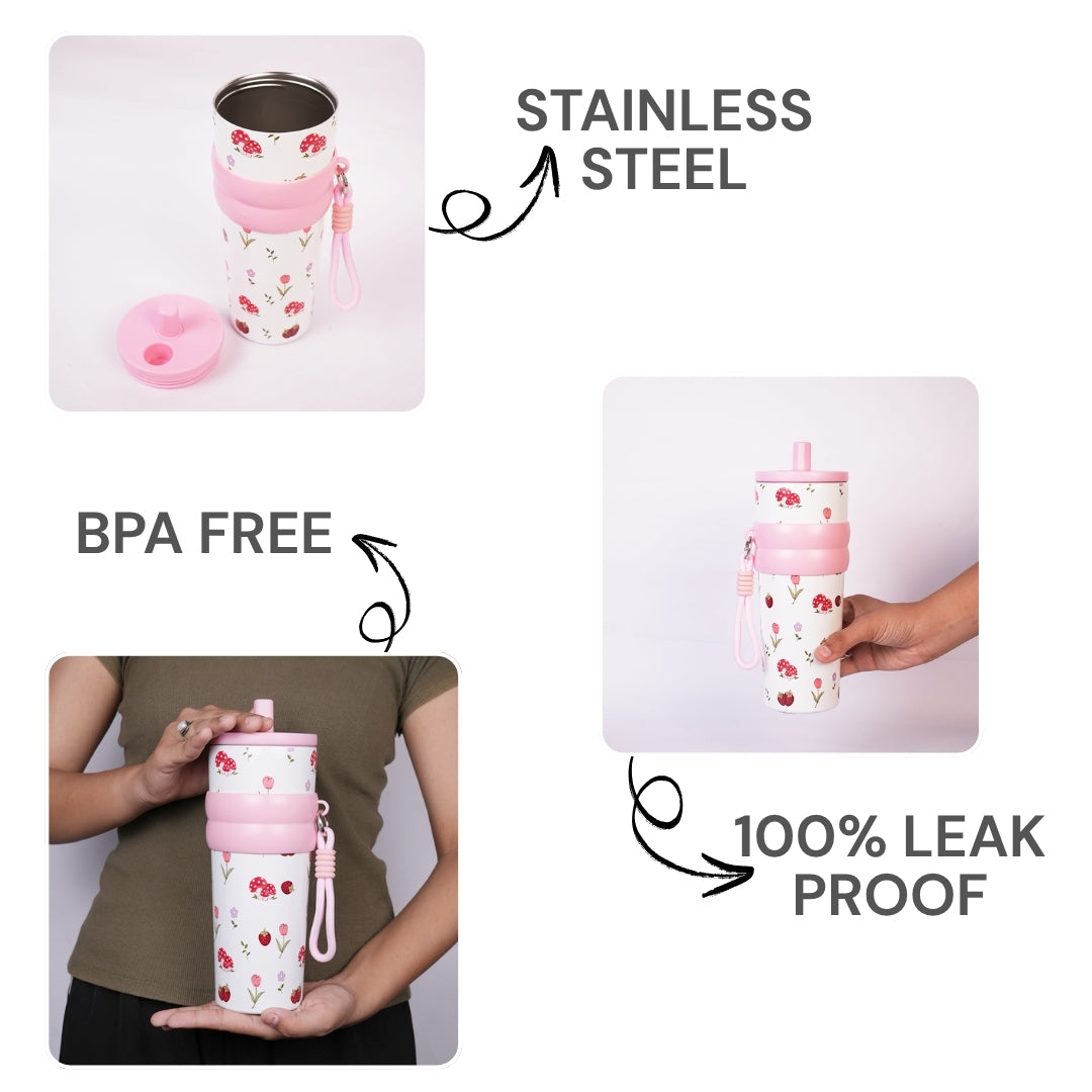 Floral & Mushroom Stainless Steel Insulated Tumbler with Straw & Carry Loop