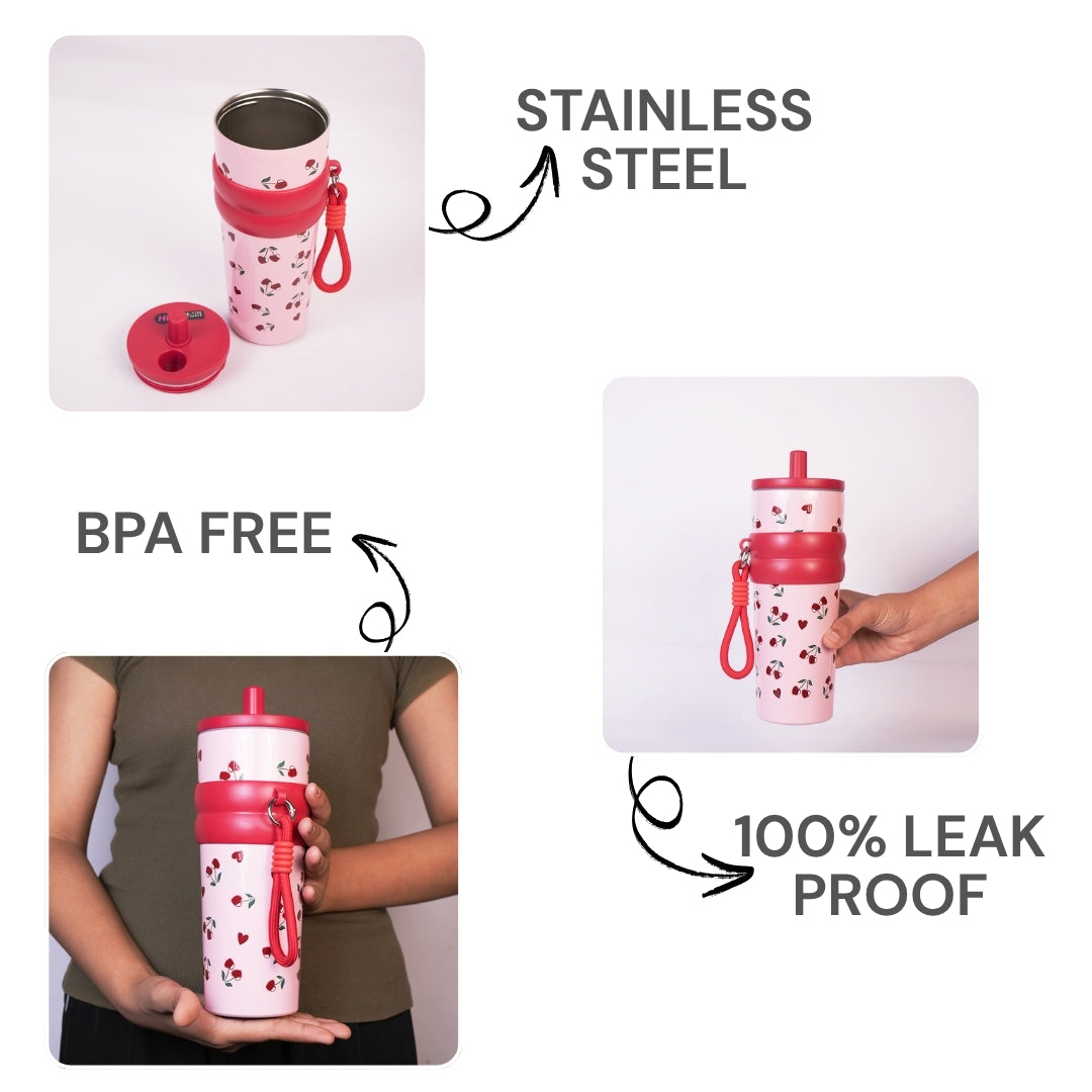 Cherry Blossom Stainless Steel Insulated Tumbler with Straw & Carry Loop