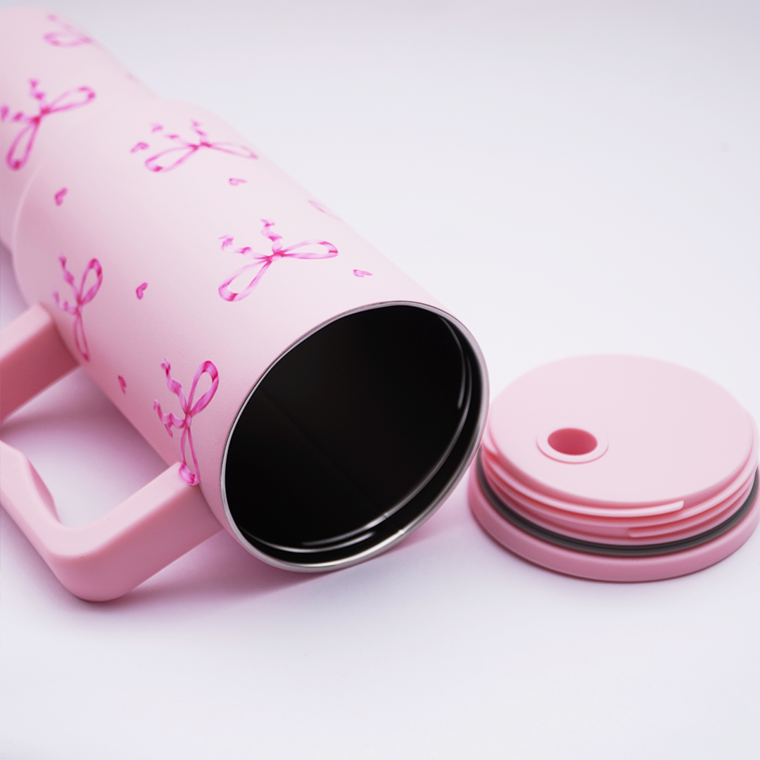 Pink Bow Stainless Steel Travel Tumbler with Handle & Leakproof Lid | Double Wall Vacuum Insulated Coffee Mug