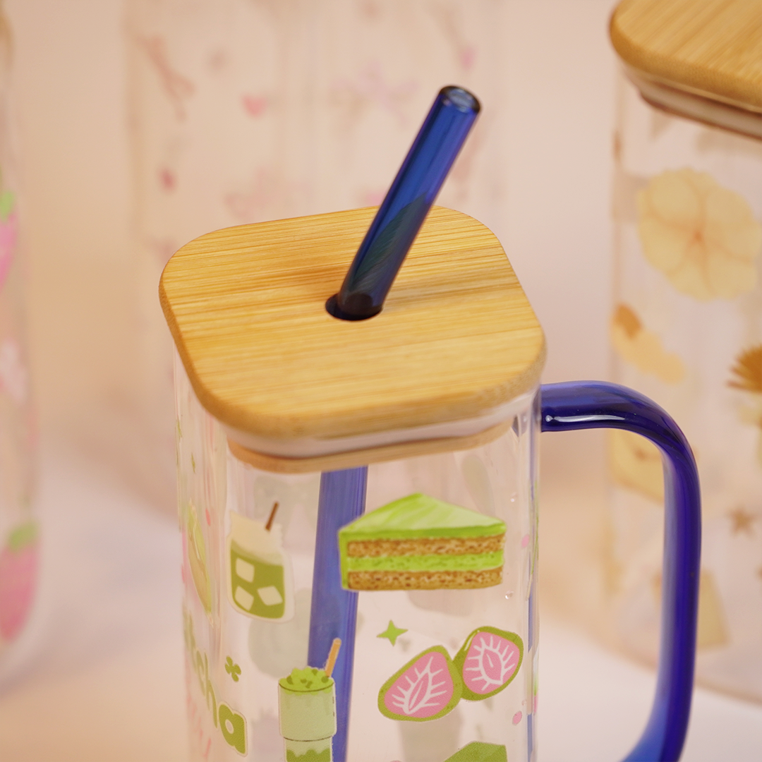 Set -2 Cute Printed Glass Mug with Bamboo Lid & Straw