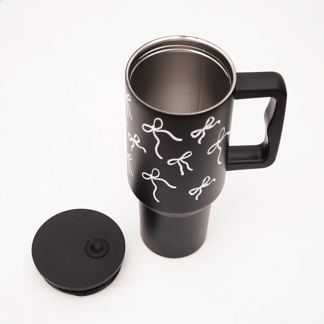 Bow Print Travel Tumbler with Handle | Insulated Coffee Mug with Lid | Reusable Water Cup