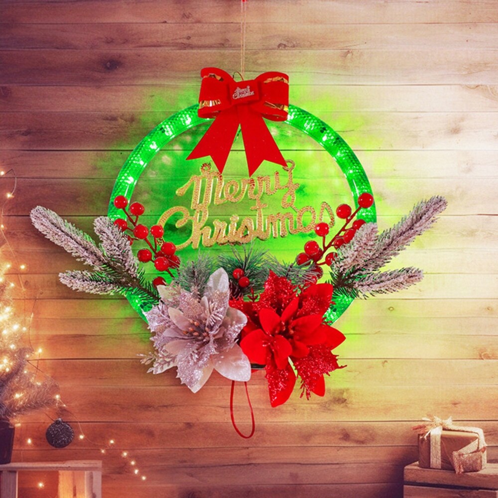 LED Christmas Wreath with Flowers & Red Bow – 30cm Festive “Merry Christmas” Hanging Decoration