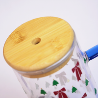 Bow and Little Christmas Tree Glass Tumbler with Handle & Bamboo Lid – Set of 2 | Festive Holiday Design with Straw