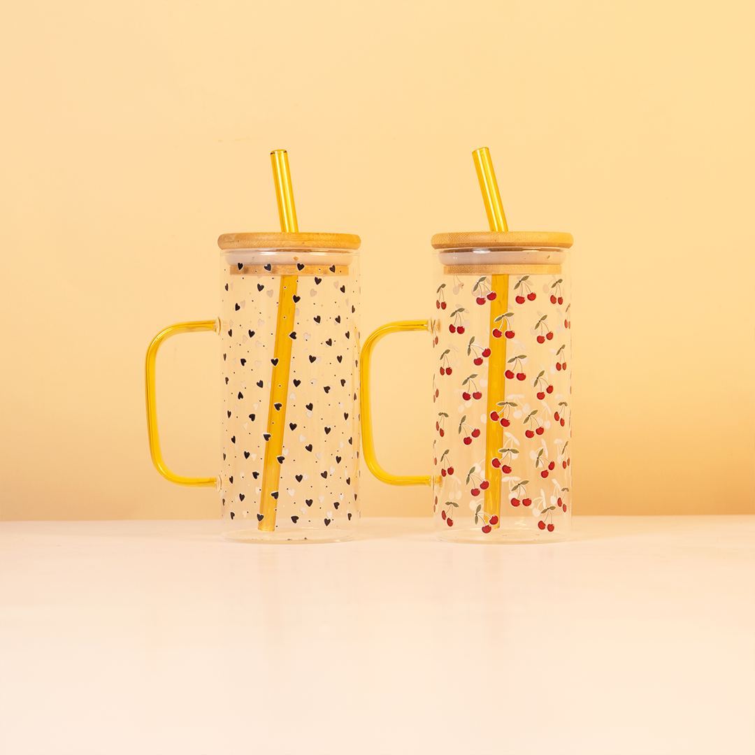 Set of 2 Sweet Hearts & Blooms Glass Tumbler Set