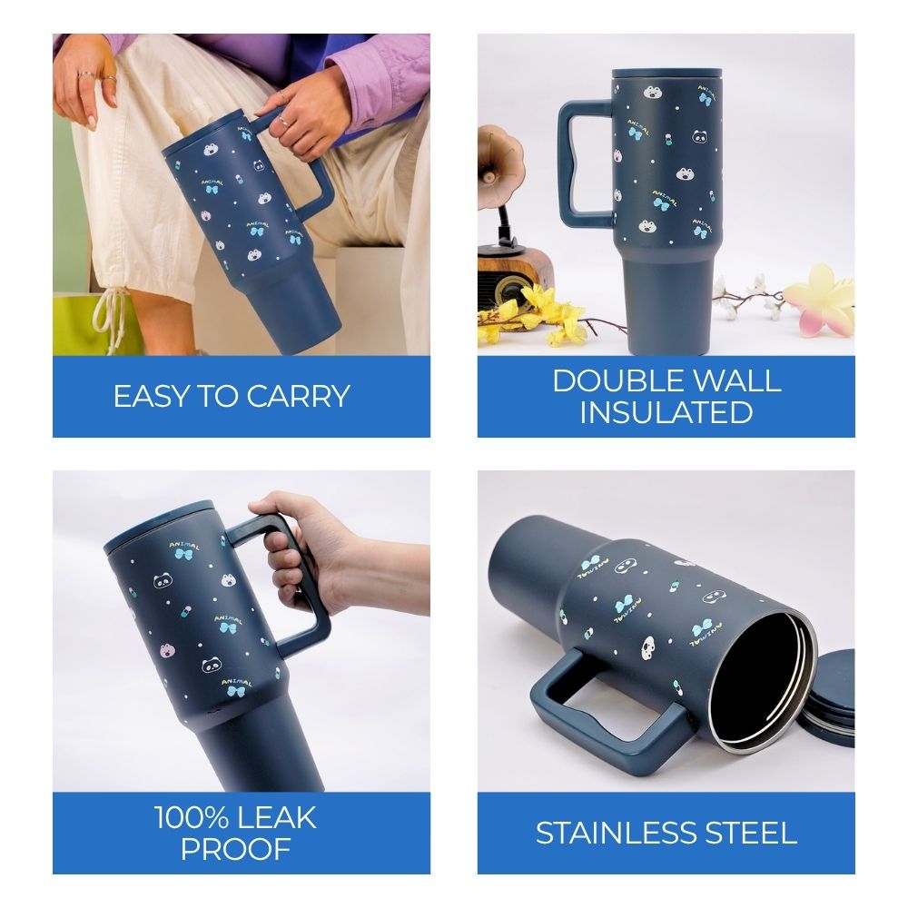 Cute Animal Print Stainless Steel Travel Tumbler with Handle