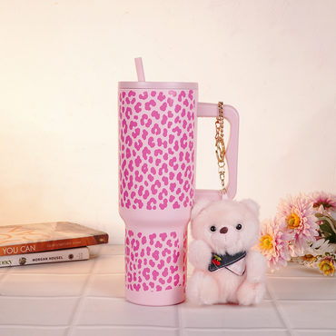 Pink Leopard Print Tumbler with Straw & Handle