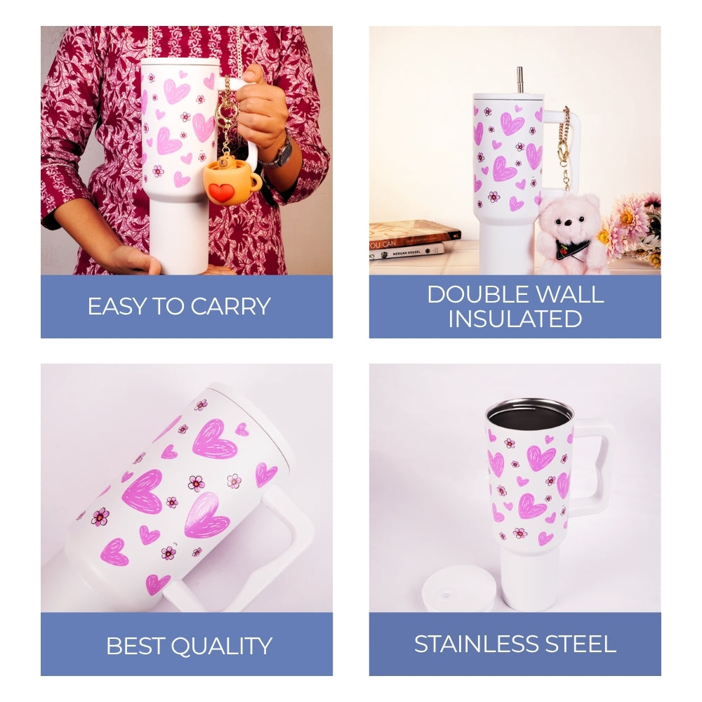 Pink Floral Heart Print White  Travel Tumbler with Handle & Straw