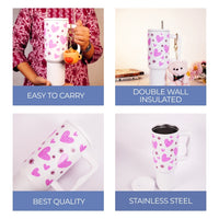 Pink Floral Heart Print White  Travel Tumbler with Handle & Straw