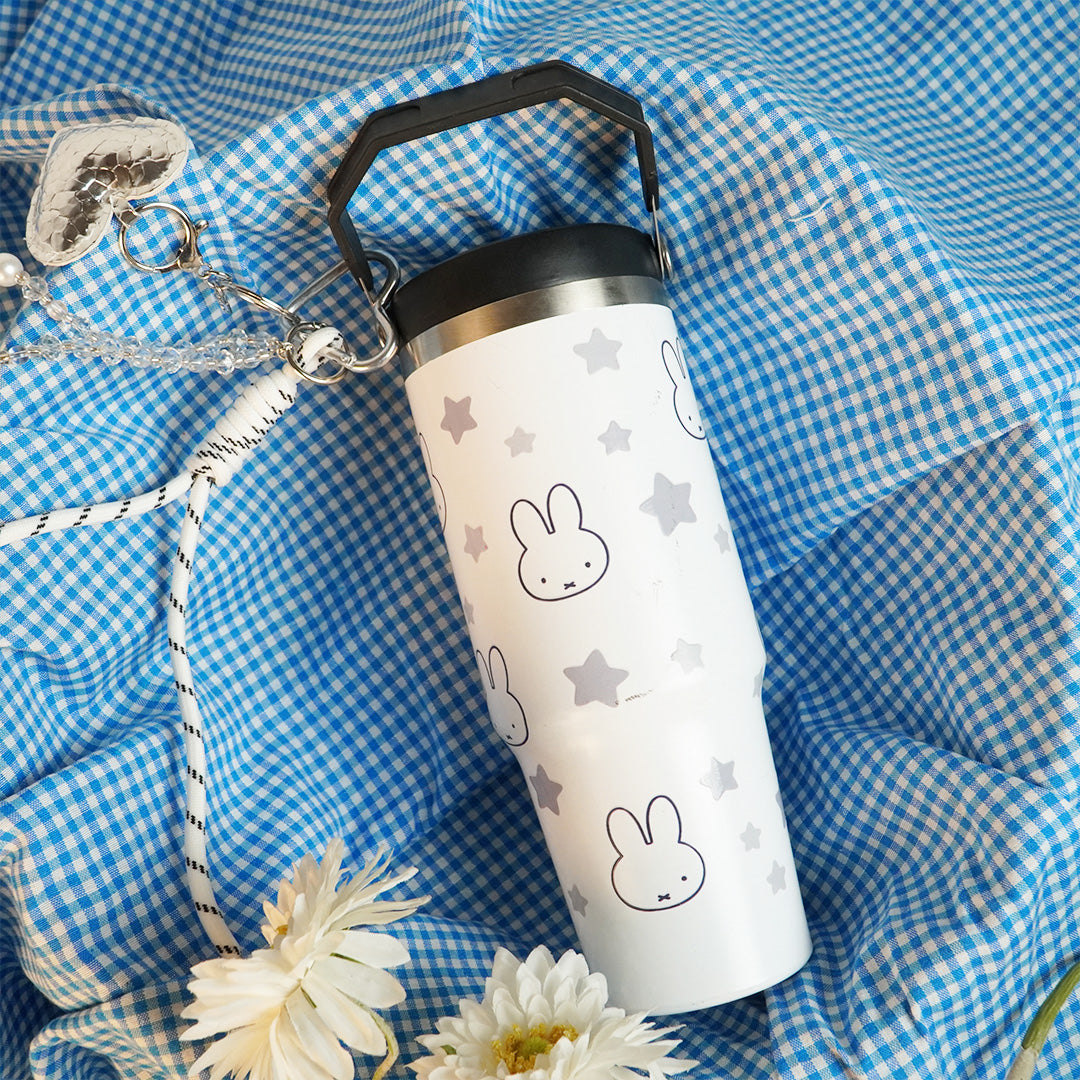 Bunny Print Tumbler with Handle & Lanyard | Reusable Travel Cup | Cute Everyday Drinkware