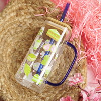 Set -2 Cute Printed Glass Mug with Bamboo Lid & Straw