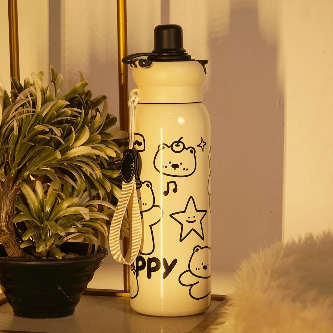 Happy Bear Stainless Steel Water Bottle - Memories InsiteHAPPY BLACK BEAR SHIPPER BOTTLE - 650 ML