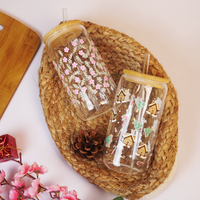 Set-2 Christmas & Floral Glass Tumbler with Bamboo Lid & Straw